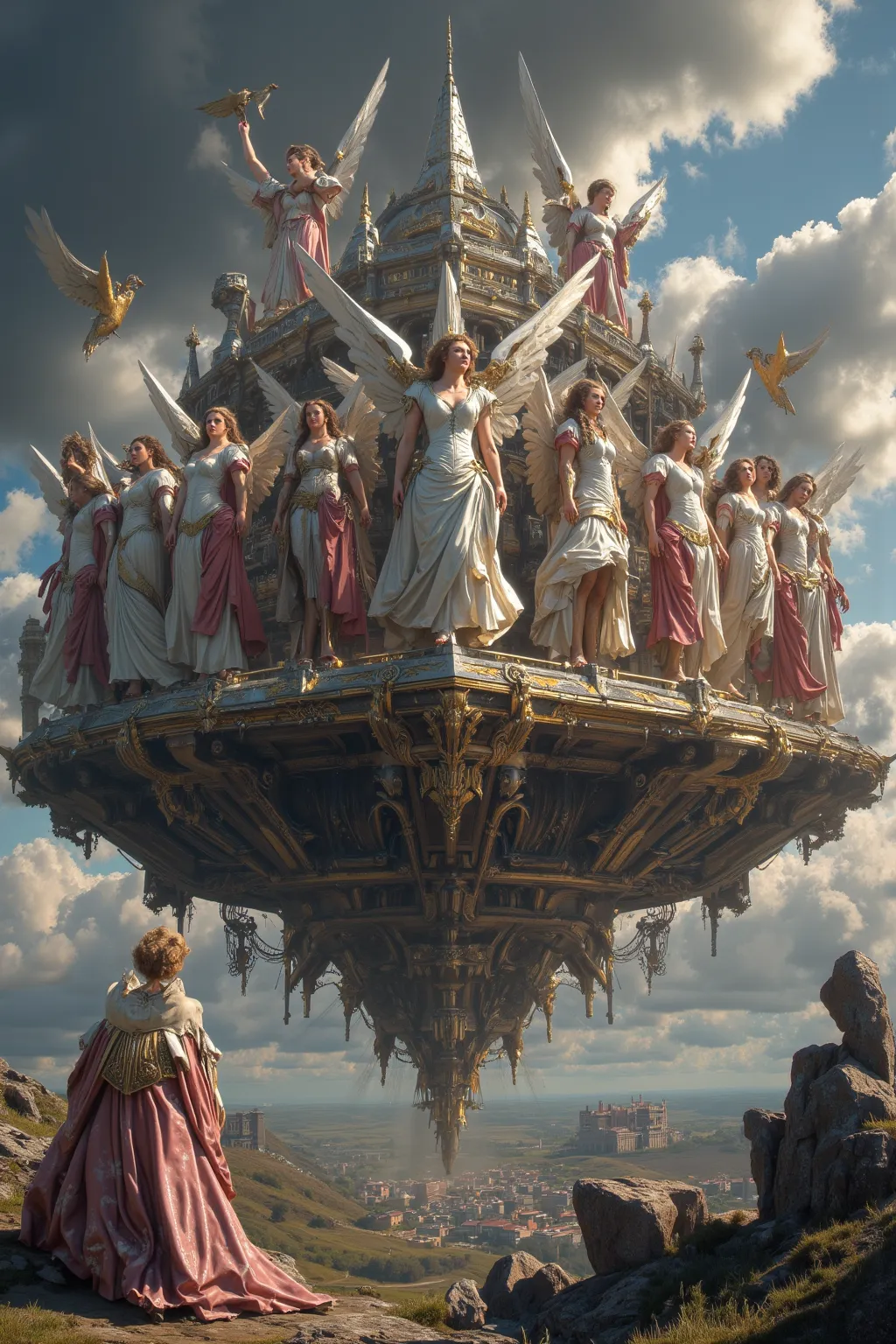 An 18th century city, being lifted and floated by beautiful, angelic women. 