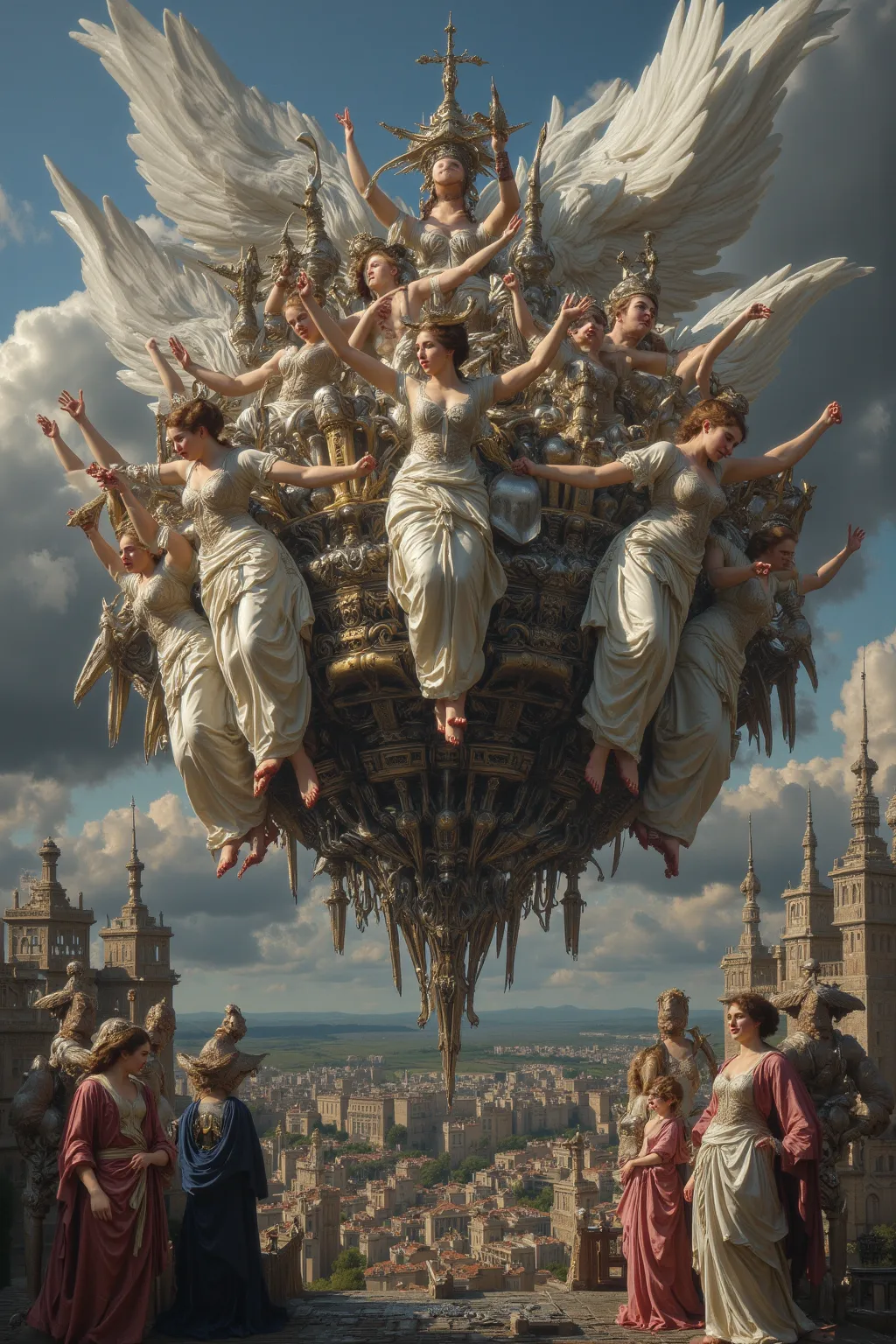 An 18th century city, being lifted and floated by beautiful, angelic women. 