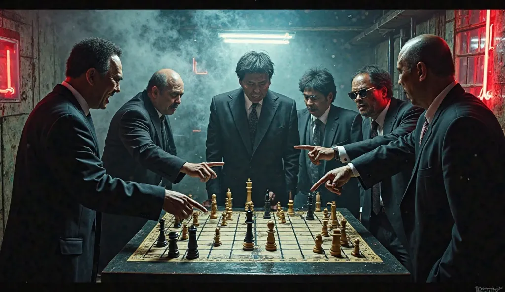 A chaotic scene inside a smoky room in Kabukicho, where a group of yakuza henchmen in disheveled suits yell and point furiously at a shogi board on a black wooden table. Pieces are scattered across the board, some toppled over, reflecting the disorder. Kaz...