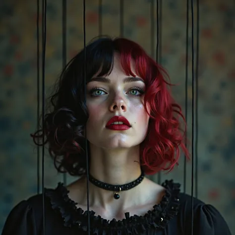 masterpiece,The girl levitating in the air with puppet strings, lips, perfect face,higher resolution, 8K,Girl with short hair ,half of black hair and the other half of red hair, wavy hair,  Gothic,ropa  Gothic