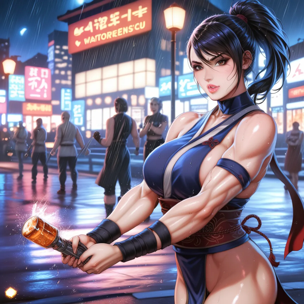 Expert Level, realistic, HDR, 8k, Photographer's style, conceptual art, masterpiece, top quality, Ninja, Kunoichi, Big Breasts, Fierce Fighting Action, Focused Expressions, Standing in the dark, City on a Rainy Night, realisticな肖像, Detailed Features, Shino...