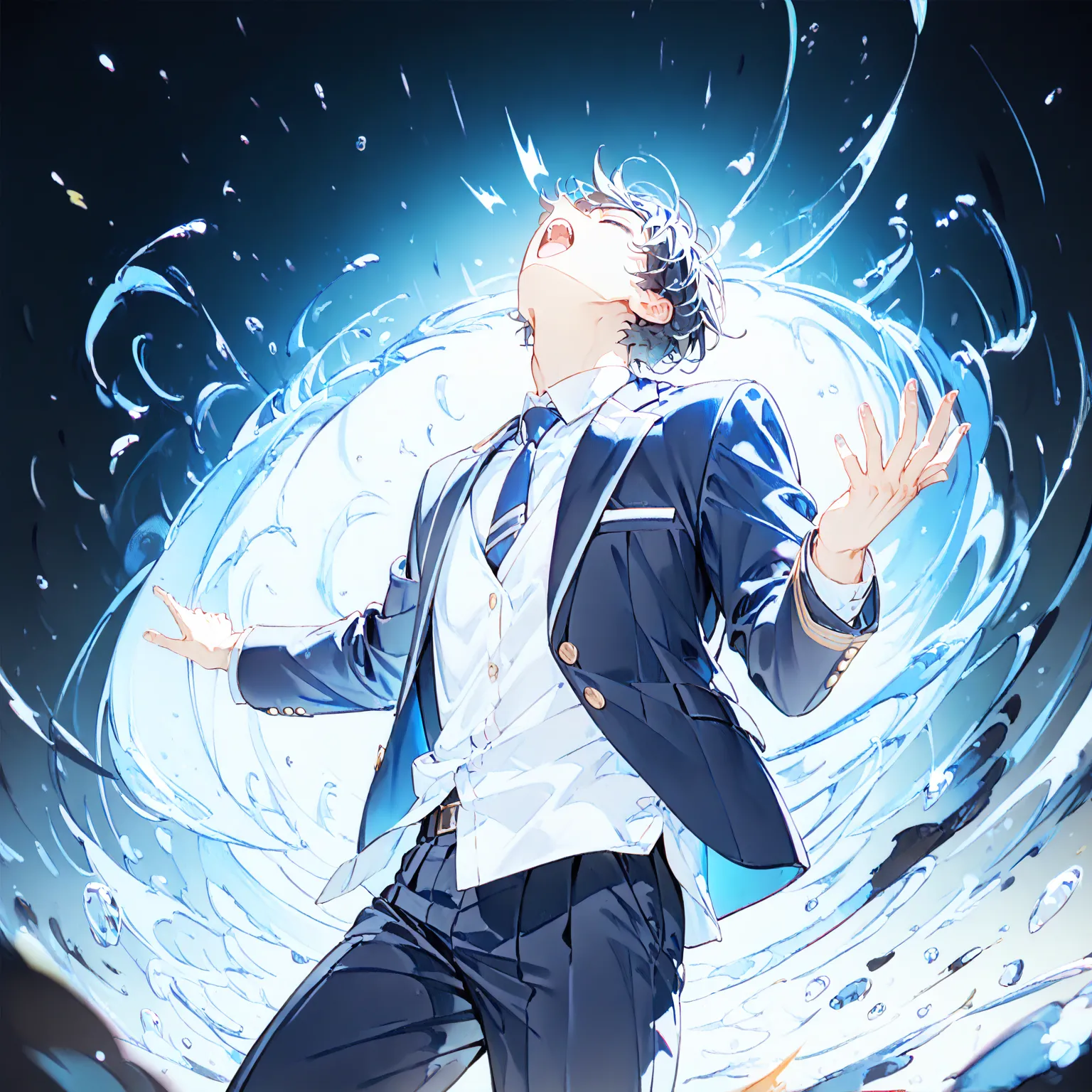 masterpiece,  (low brightness), ( high saturation, high contrast:1.3),  1 boy,  high school boy,black short hair,(navy school blazer:1.2), blue tie, white shirt, pants  break,yawn