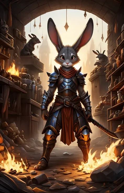 I need a gray furry rabbit with saggy ears, with simple rusty armor, with a terrified face, in the middle of a forge and surrounded by various creations that are more decorations than weapons.