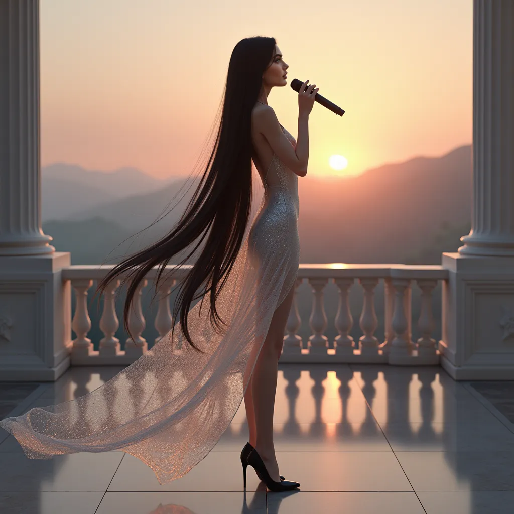 Skinny white young woman, long straight black hair down to the floor, long silver dress, Black high shoe, singing with a black microphone,  On top of the terrace,  Dawn 