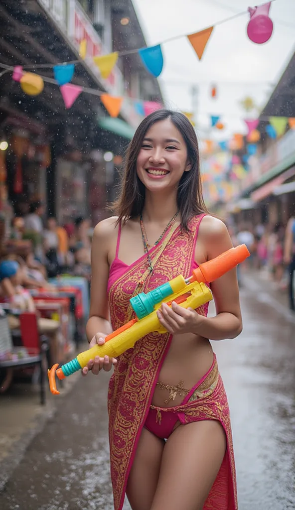 A 20-year-old woman holding a water spray gun is having fun splashing Songkran water on Khaosan Road.