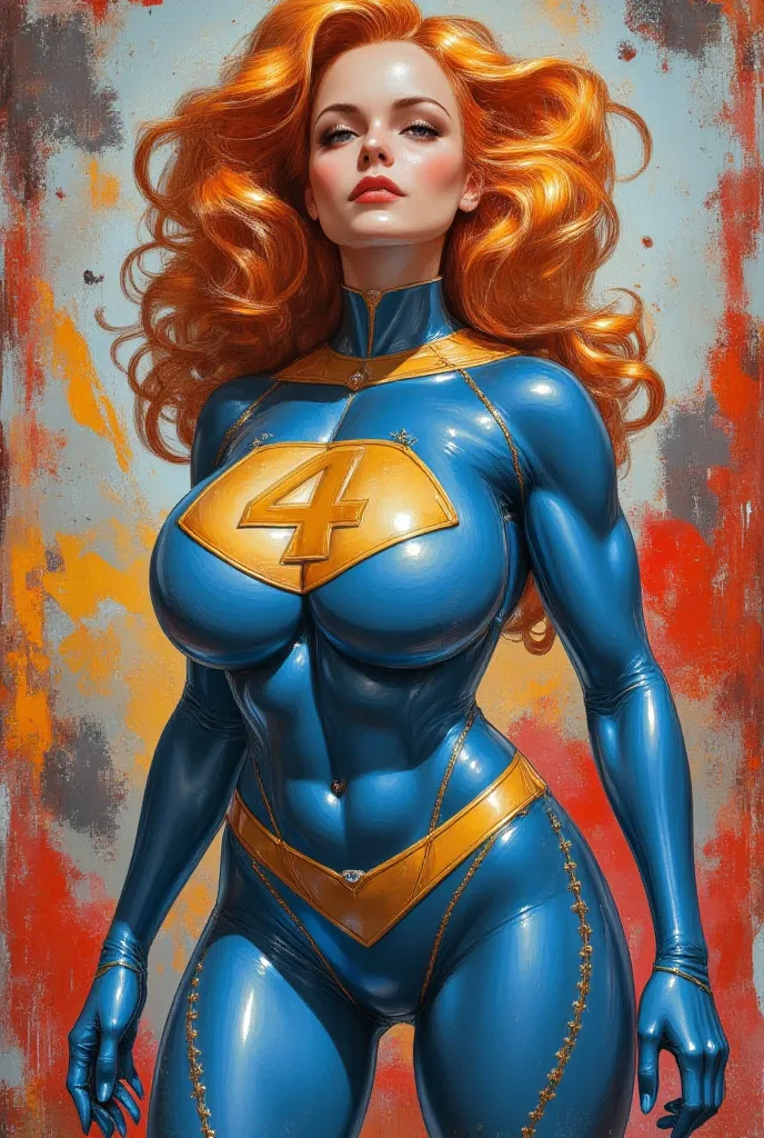 " An abstract artistic illustration inspired by the classic comics , portraying Sue Storm  (Invisible Woman)  of the Fantastic Four in a vibrant and dynamic style .  She wears her iconic blue outfit ,  with the symbol '4' perfectly preserved in the center ...