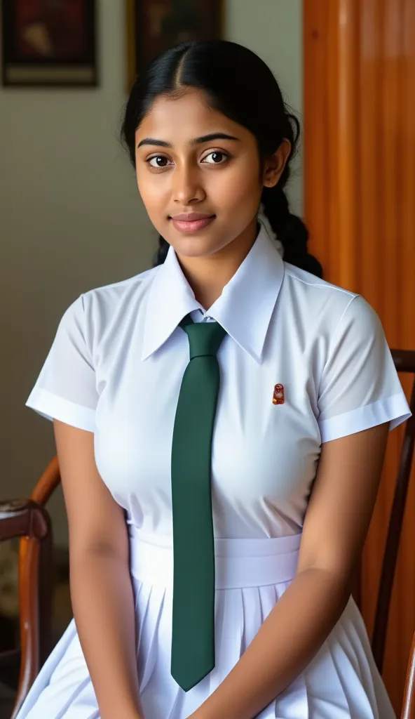 a beautiful cute young  girl, sri lanka , big breasts size , detailed white frock uniform, color tie , sitting on the chair, beautiful barefoot , full body , wide photo ,cinematic lighting, hyperrealistic, photorealistic, 8k, masterpiece, warm colors, natu...