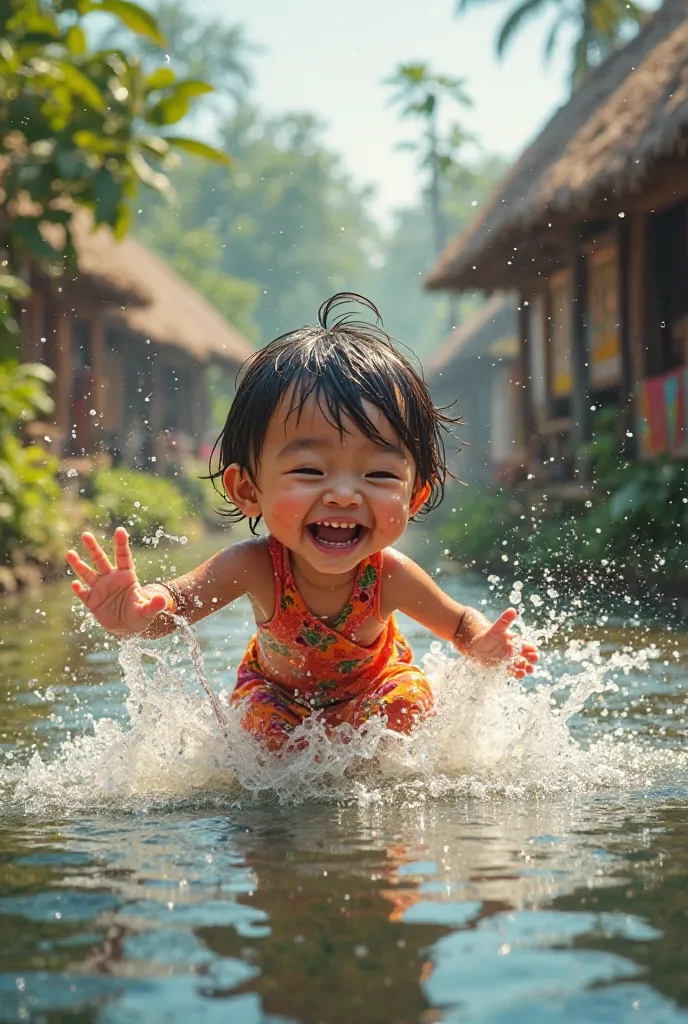 Myanmar ren playing in the water during the Thingyan festival in the village.