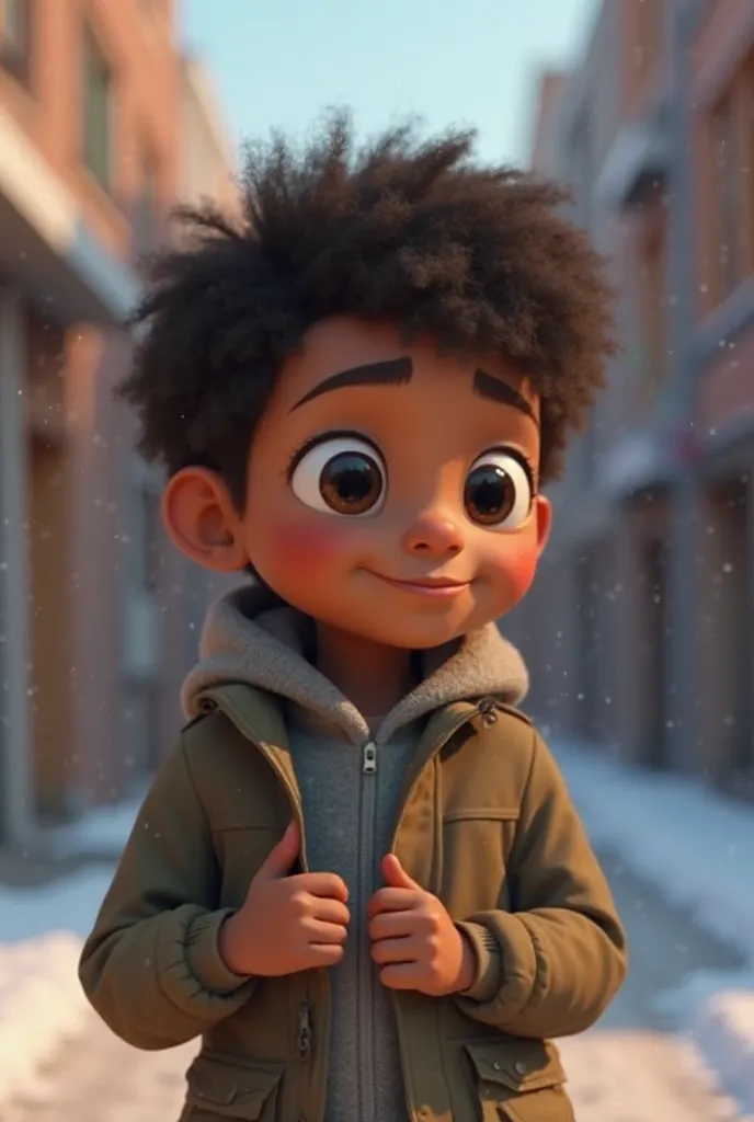 A  dark-skinned boy with black eyes and wide, soft hair named Karim takes off his jacket to give it to his friend who is wearing light clothes and feeling cold. An unrealistic scene, a cinematic cartoon.