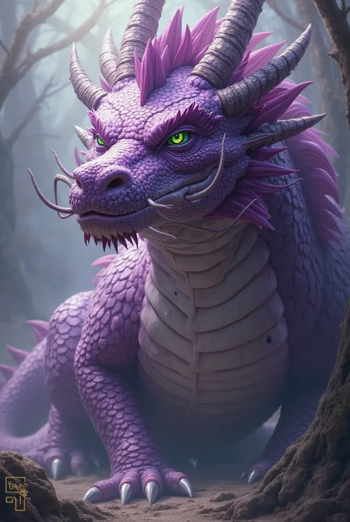 Chinese purple dragon, big, With green eyes Miranda deep and fixed,  with a scar on her eye