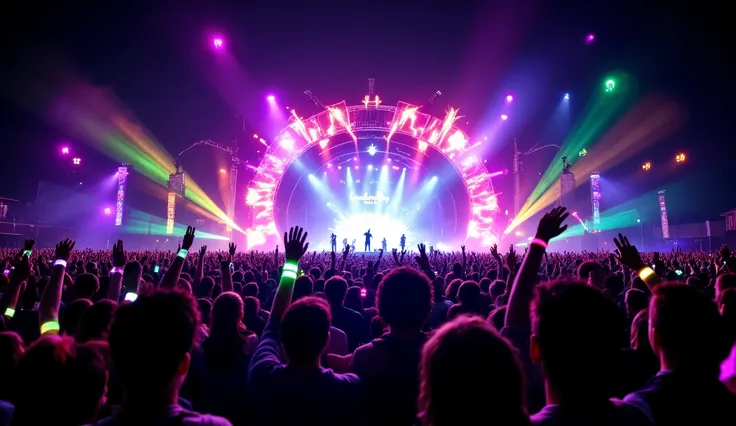 dynamic photography of the main stage at a Coldplay live concert during night. people in the crowd has his arms up and a colorful glowing wristband. Musical notes glowing in rainbow colors emerge from the crowd