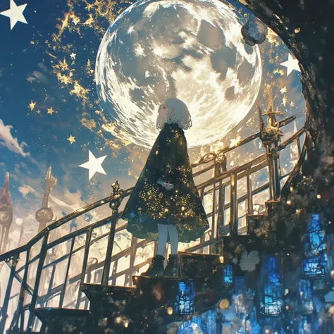 A mesmerizing anime-style illustration featuring a solitary figure standing on an intricate staircase, gazing at a glowing full moon. The character, a young woman with short silver hair, is draped in a long, flowing cape adorned with delicate golden floral...