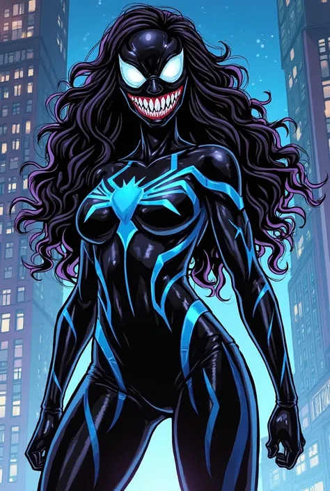 
A FEMALE symbiote character depicted in a comic book style with a sleek, glossy black suit featuring striking blue patterns. Her head has menacing white eyes and a wide, sharp-toothed grin. The character has very long, voluminous curly black hair that cas...