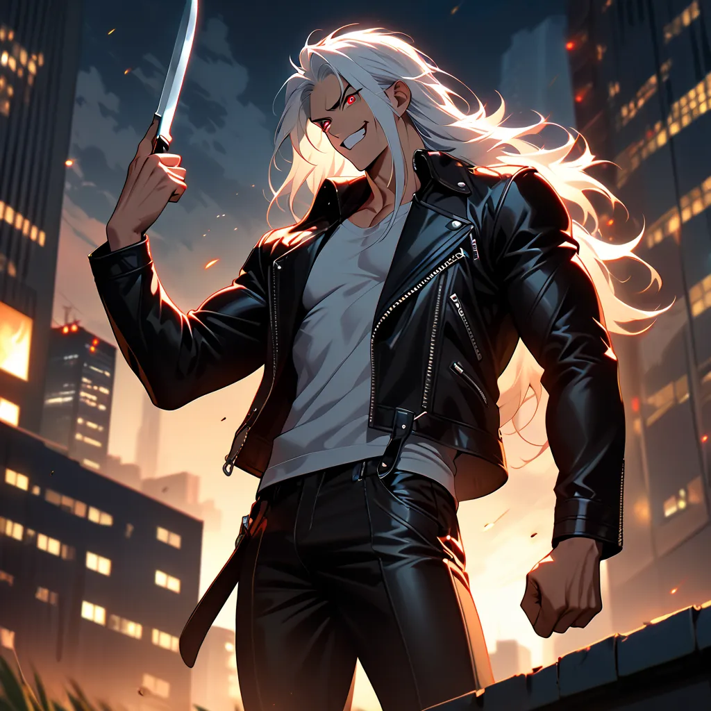 Masterpiece, solo, male, 1 man, 25 years old, strong, muscular, 5 fingers, 5 fignered, strong, red eyes, complex_eyes, long hair, white hair, leather jacket, black pants, angry, smiling, holding a knife, on the roof of a building, buildings, field, citysca...