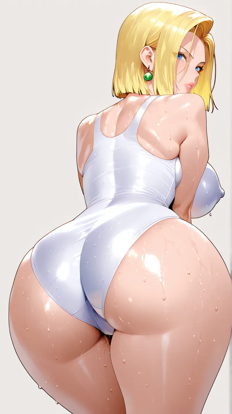 We ,32K、 Limited edition 、 top quality、Original Works、Detailed View、 detailed eyes 、detailed face、 detailed lips on the butt 、 alone、beauty、Big Breasts、sweat、 Dragon Ball characters、 Android 18、white micro school swimsuit、simple background、Stunning Hair   ...