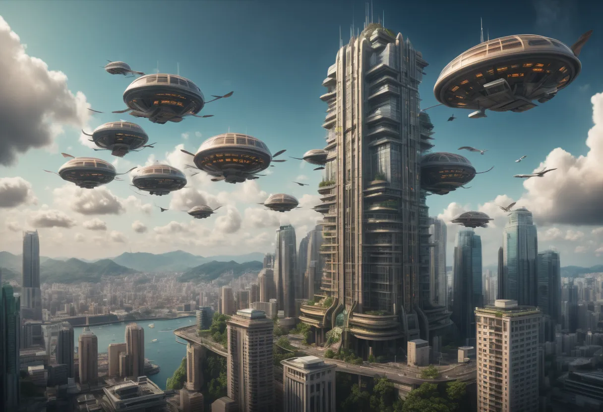 epic realistic, RAW, analog, A full portrait of stunning scenery of ((flying metropolis:1.2)) skyscrapper and flying vehicles, natural look,   masterpiece that captures the essence and marvel of the floating city and modern sci-fi, ((highly detailed sky, u...