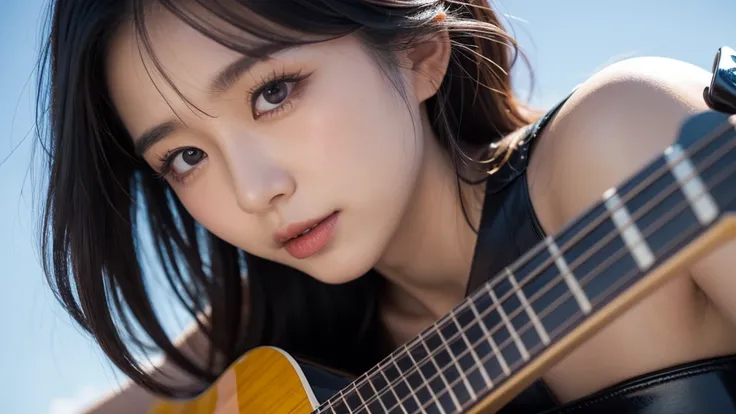 As shown in the photo, a close-up of the face of a Japanese woman playing a black electric guitar alone, against the backdrop of a bright blue sky with a single contrail. The beautiful Japanese woman with long, black hair is wearing a sleeveless black leat...