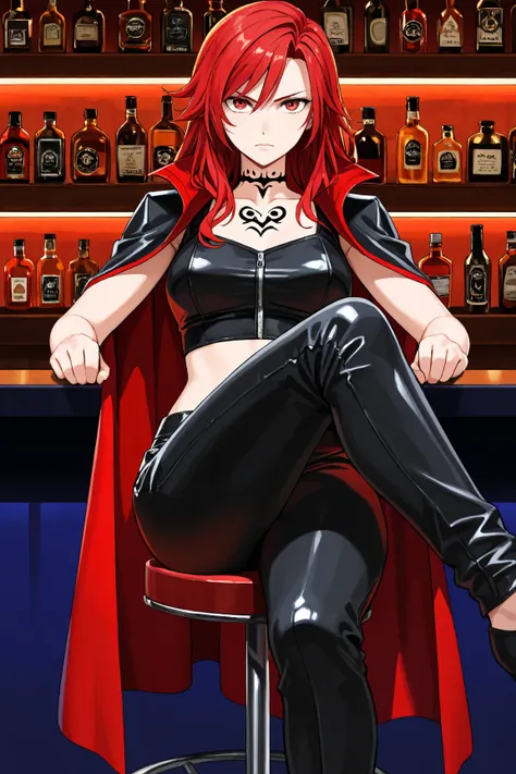 solo, ((from front)), female, Human, (Crimson red hair)), long red hair, black leather pants and crop top and tattered cloak, choker tattoo on neck, serious expression, thigh up view, Bar background, sitting on barstool, random sitting pose,