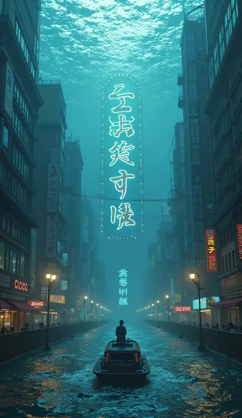 Osaka's Dotonbori is completely submerged and、the Glico sign shines faintly under the waves。A fantastic city of water seen by people々from the top of a boat。