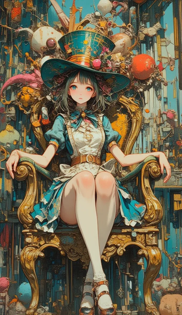 Tim Burton Style、Alice wearing a Mad Hatter hat、sit on chair、dynamic composition、Lively decorations、