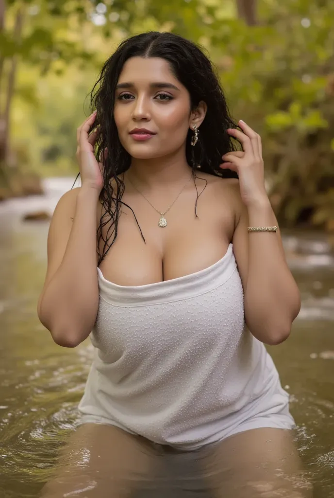 an indian girl bathing in a river in a magical forest, water droplets falling from above, beautiful detailed eyes, beautiful detailed lips, extremely detailed face, long eyelashes, nude, sensual pose, cinematic lighting, dramatic lighting, fantasy, etherea...