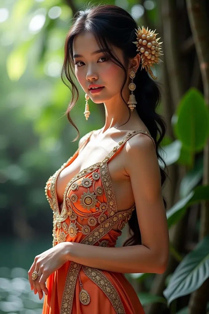 Girl in kebaya bali, (full body: 1.1), ((eract nipples)), detailed breast, background pure bali, detail ornament