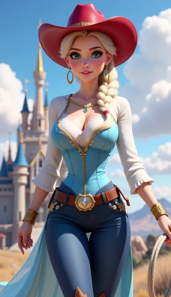 A breathtaking 3D-rendered illustration of a cowgirl princess with the face and hair of Elsa from Frozen, blending fantasy and western aesthetics. She has large, expressive ice-blue eyes, long dark eyelashes, delicately arched eyebrows, and a soft, confide...