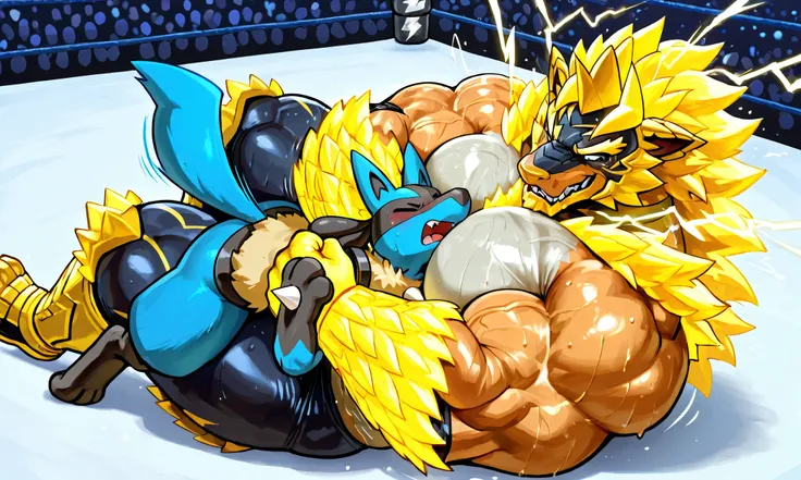 giant zinogre wrestler, small feral lucario, wresling, submission hold, [zinogre:lying on back, head lock from side, crossing arms, hugging, arms around neck, heavy weight bulky fat, giant plump muscular body, thick arms, big pectoral muscles, venis poppin...