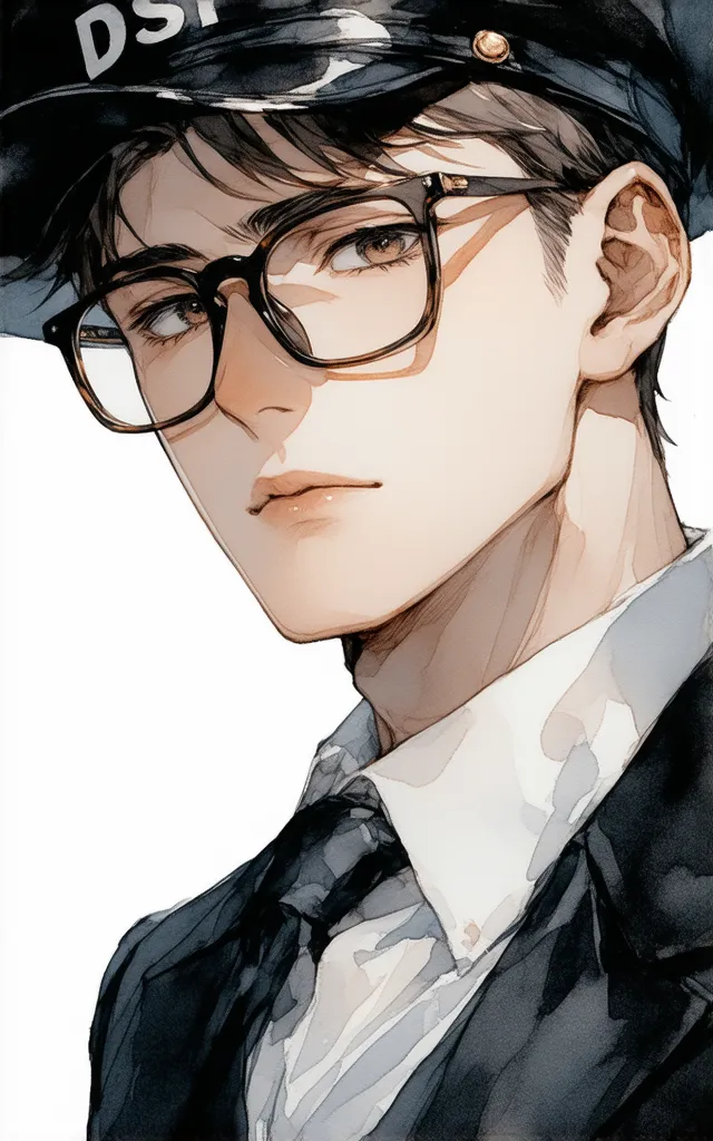 Webtoon style poster, watercolor painting, close-up image of Korea with 1 main character. In the middle, A young man with a strict face color with short hair, , cropped brown hair Neatly composed, , , a stiff look that indicates his commitment.  Put on a b...