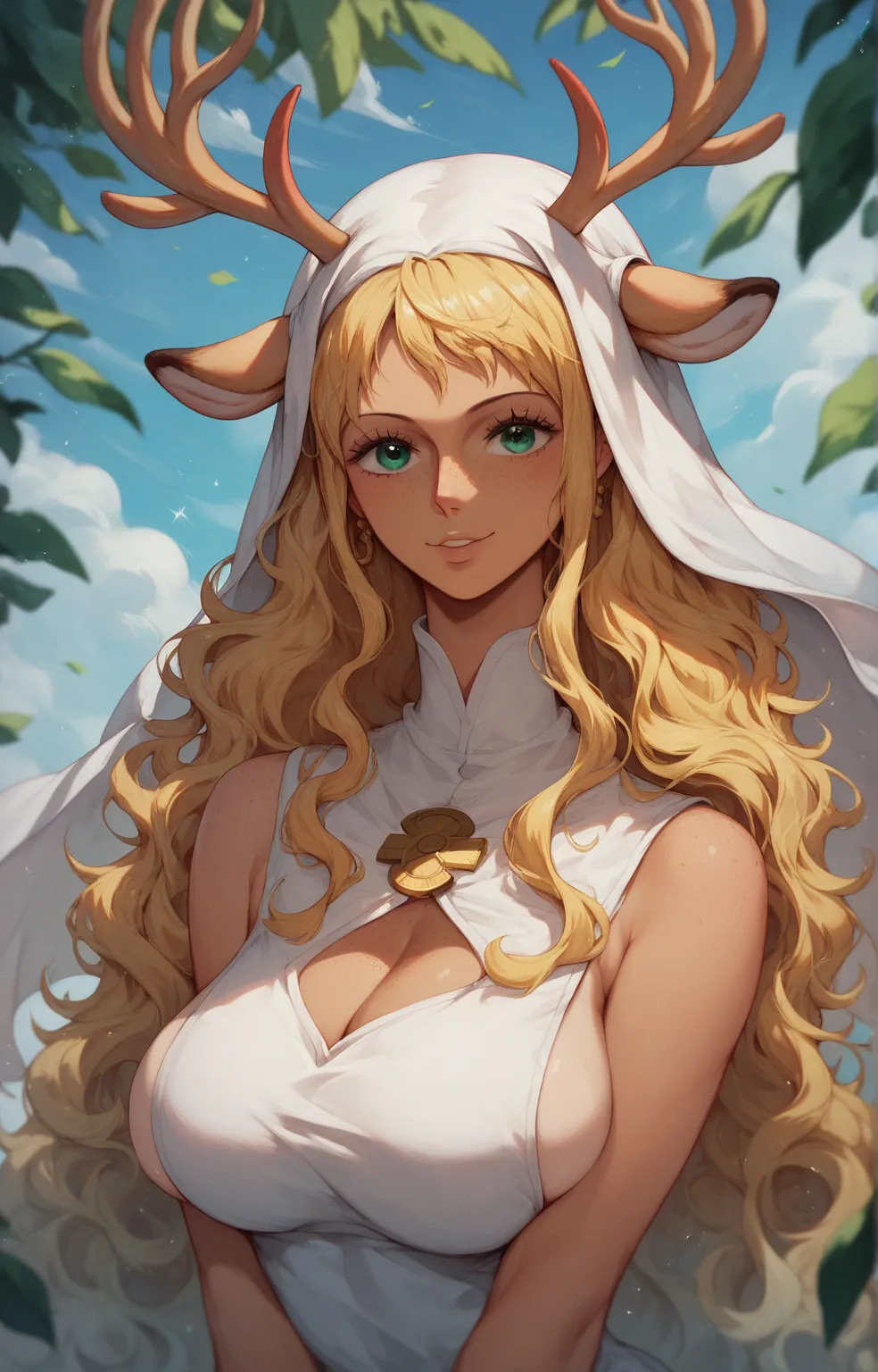 (One piece art style) character design, (Messy Long Black wavy hair), cute deer ears, tanned skin with freckles on the face, emerald eyes, curvy body, large chest, in a priestess outfit