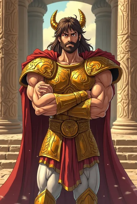 features a man with big muscles, with Greek features , brown hair, beard and big gray eyes, with a defiant attitude 
Do you wear heavy gold armor, with a lion's skin cape over his shoulders. the gold armor, It has decorative details of the Taurus zodiac si...