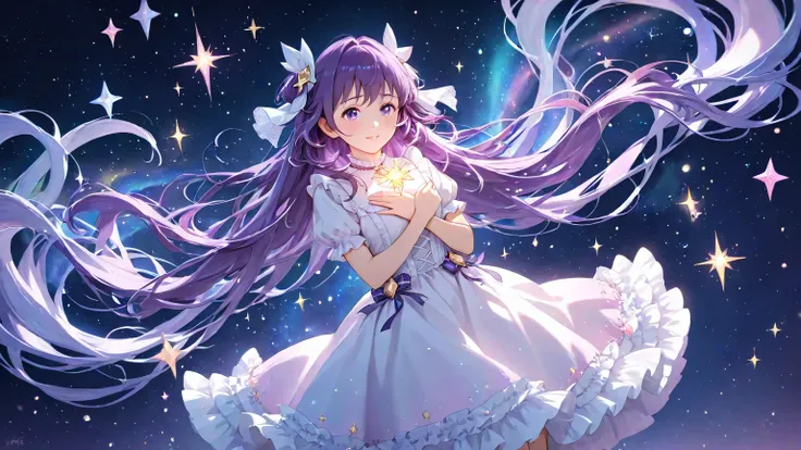 A gentle, dreamy anime-style young girl, around , with long flowing purple hair, floating peacefully in a cosmic space filled with glowing stars. She wears a soft, pastel-colored dress with delicate lace and gentle frills, giving an innocent and pure feeli...