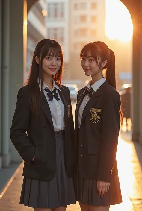 there are two people standing next to each other in a building, wearing school uniform, photo taken in 2 0 2 0, nivanh chanthara, girl wearing uniform, wearing a school uniform, student, morning sunlight, xintong chen, gemma chen, 18 years old, very slight...