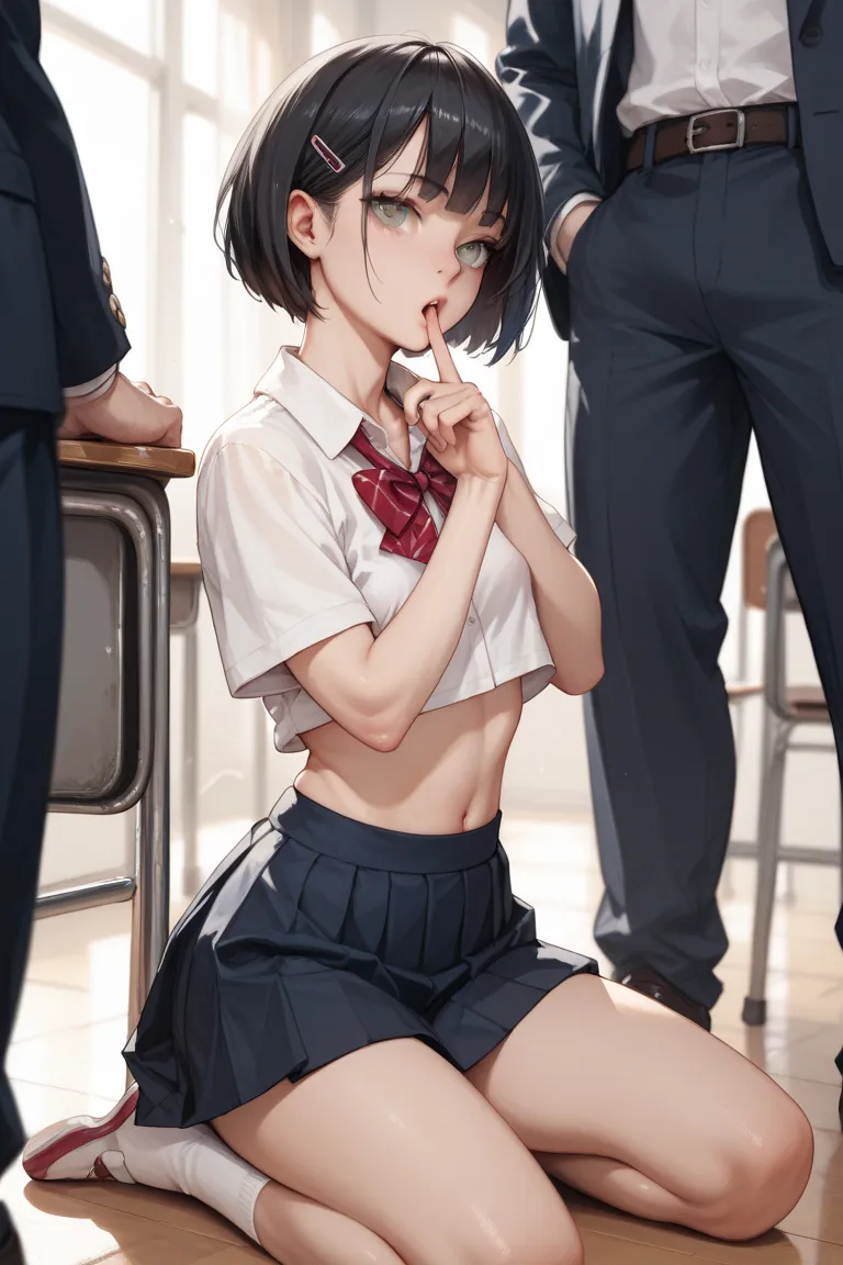  skinny girl ,  grey eyes, Black hair, short hair, wide hips, very small breasts, school,  schoolgirl clothes, is kneeling, a man's hand inserts a finger into his mouth