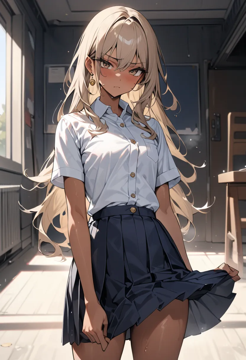 ((greatest masterpiece,Ultra High Quality:1.2)),(super resolution),(solo),cowboy shot,Slender, small-breasted Yankee high school girl standing in school,beautiful face, healthy tan skin ,Light brown long hair,Perfect brown eyes, serious expression,WHITE SC...