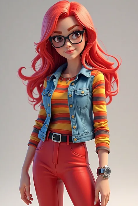 Female gender Roblox character 
red hair striped shirt with a denim vest red pants with black shoes
and black lenses