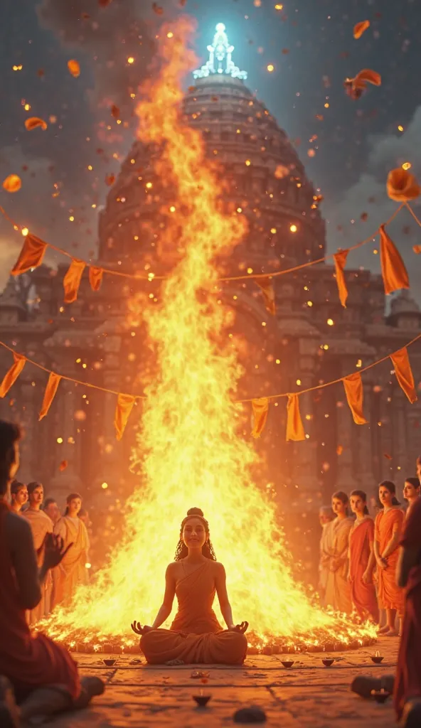 A cinematic 3D cartoon-style vertical image depicting the sacred flames of victory—the ultimate triumph of dharma over adharma. In the foreground, a colossal fire roars, its golden-orange flames reaching towards the heavens, symbolizing the destruction of ...