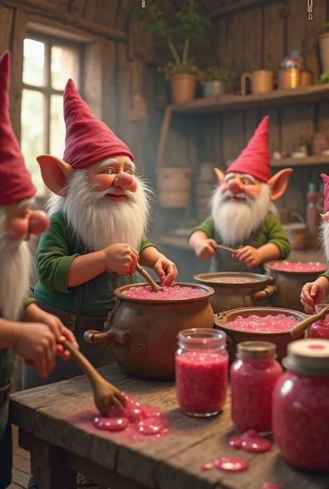 "Create an animated scene of gnomes making a jam product called 'Fatty.' The gnomes should look human-like and natural, working in a cozy, whimsical factory. Some are stirring large pots of pink jam, while others are filling and sealing jars labeled 'Fatty...