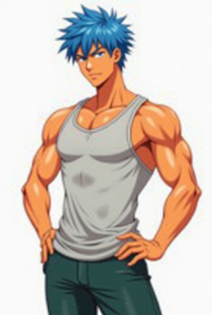 Anime style of a 20 year old orange skined boy with blue hair using a light grey tank top, lifting that his orange belly body under a dark green long pants. White background