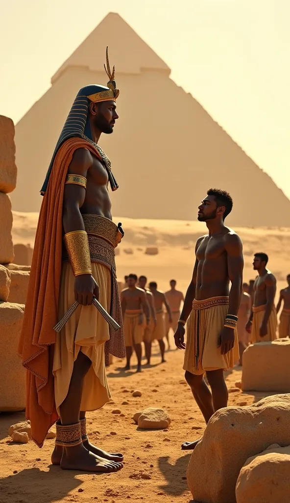 A hyper-realistic and detailed scene showing Pharaoh Quéops, ou Khufu, supervising exhausted peasant workers as they build the Great Pyramid of Giza. Cheops stands, in opulent royal attire, holding a scepter, with an austere expression of authority. The pe...