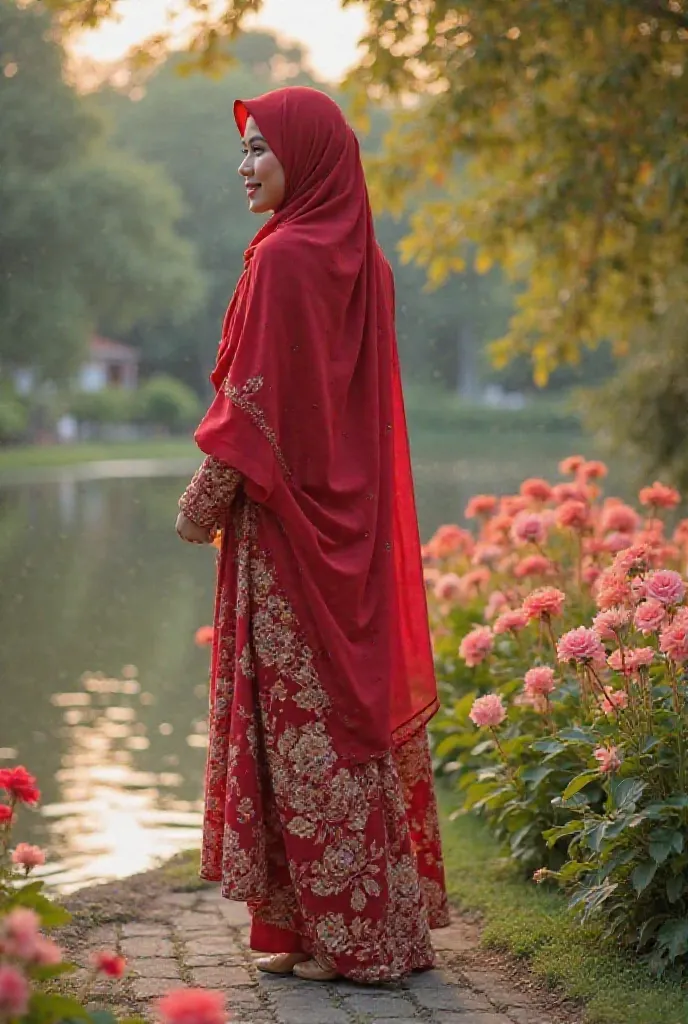 a muslim malay woman, 46 years old, wearing red hijab, and wearing traditional bollywood -style punjabi clothing and wearing beautiful shoes, standing beautiful flower garden, near the beautiful yamg lake, a peaceful afternoon atmosphere, dsn is illuminate...