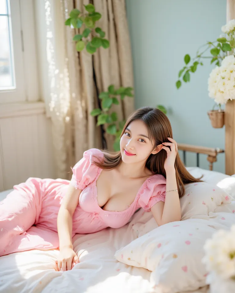 Here’s the translation back into English:

A Thai woman with long brown hair tied in a messy ponytail is in a pastel-colored bedroom, featuring soft hues like pink, blue, and green. The room is warmly decorated, with a bed covered in white bedding and soft...