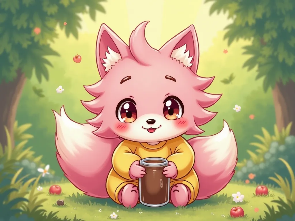 Pink hedgehog girl, 2 pink fox tails and yellow gradient, yellow shirt, pink pants , a glass of chocomilk, green background, cartoon-anime style