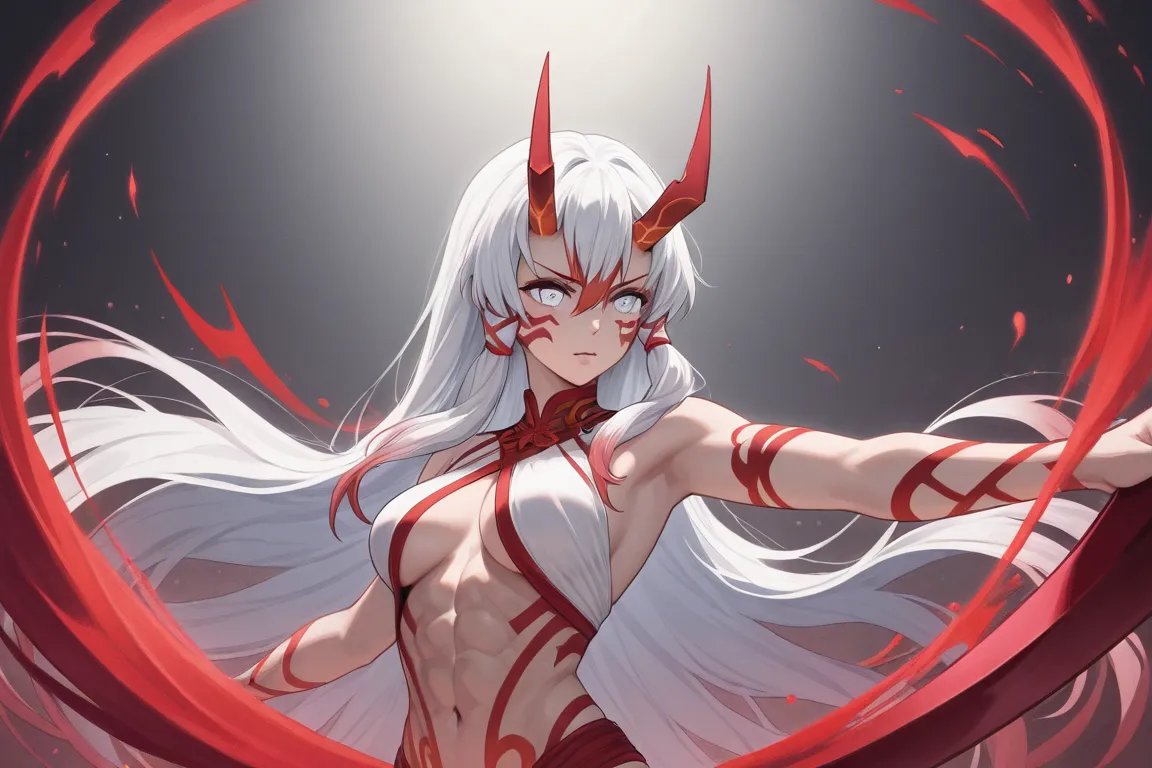 1 girl with white hair with red locks and silver eyes she is a demon of demon slayer sexy in short clothes she has red horns white hair with red locks she has red locks she has abs 