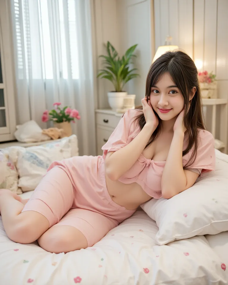 Here’s the translation back into English:

A Thai woman with long brown hair tied in a messy ponytail is in a pastel-colored bedroom, featuring soft hues like pink, blue, and green. The room is warmly decorated, with a bed covered in white bedding and soft...