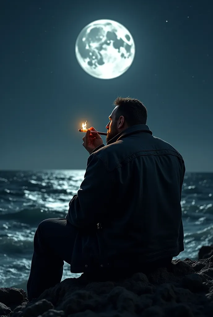 Thick man sitting smoking a cigar in front of the sea at midnight with the full moon and the waves of the sea