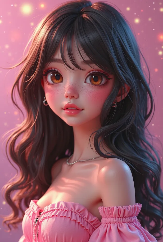 realistic 3d style character of a girl with long and medium wavy medium-dark brown hair, with large brown lenses and eyes, with freckles, and pale skin with pink undertones, like a Korean idol and with Latin features and pink clothes on a stage, with a pie...