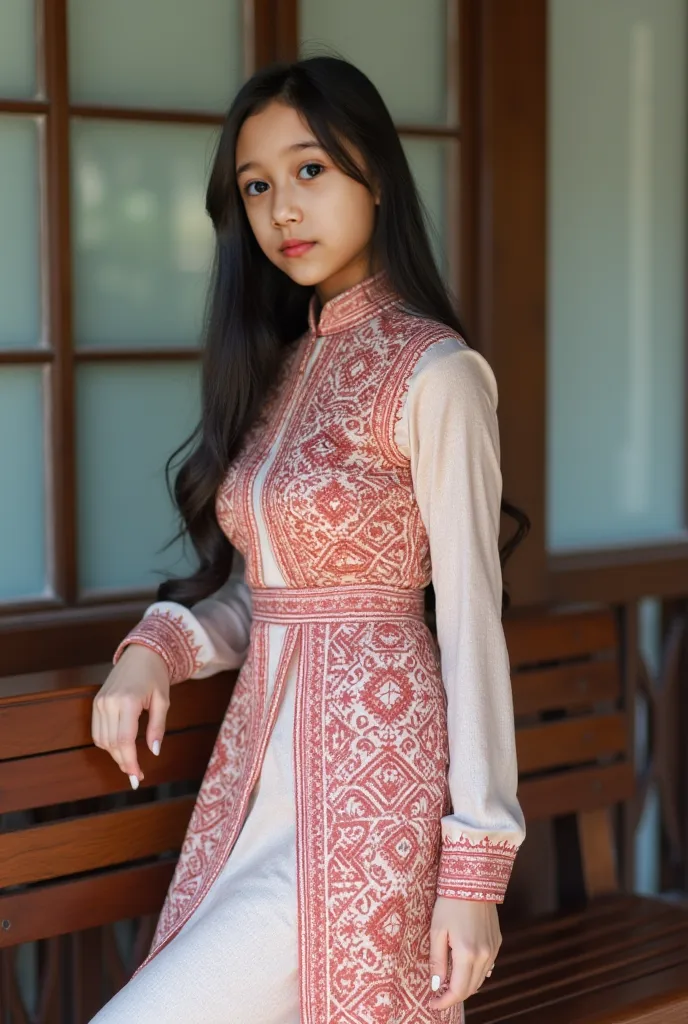 Indonesian women with (((small breasts))) , 19 years old,   She is wearing a long-sleeved dress with intricate red and white geometric patterns, creating an elegant and modest appearance. Her pose is graceful, with one hand resting on a wooden bench and a ...