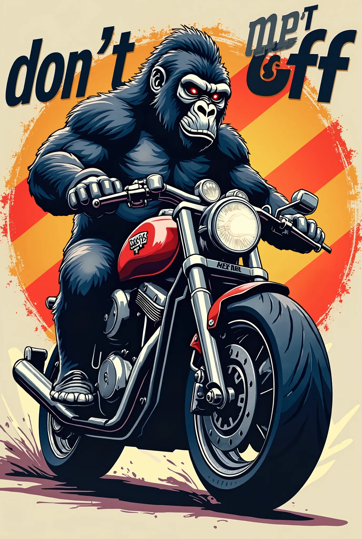 Generate a Logo with a Gorilla mounted on a Motor looking back with the Phrase "DON'T GET OFF" with Racing colors and styles