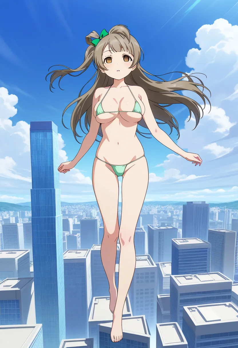 A Floating City,,, waiting for someone ,Wind,, minami kotori, large breasts,   brown hair, brown eyes, one side up, hair ribbon, ribbon, long hair,  empty eyes, micro bikini, , Alone, full body